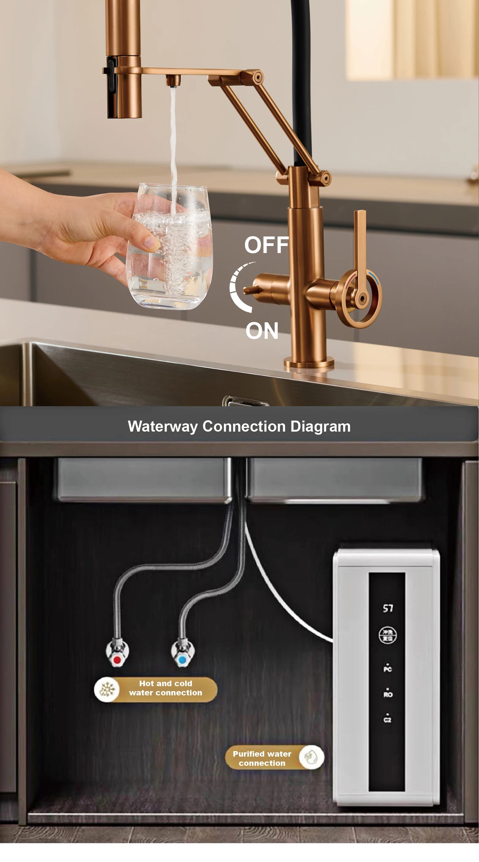 Industrial brass brushed rose gold kitchen faucet with separated filter faucet. 1 hole pull-out hot&cold water tank mixr Tap