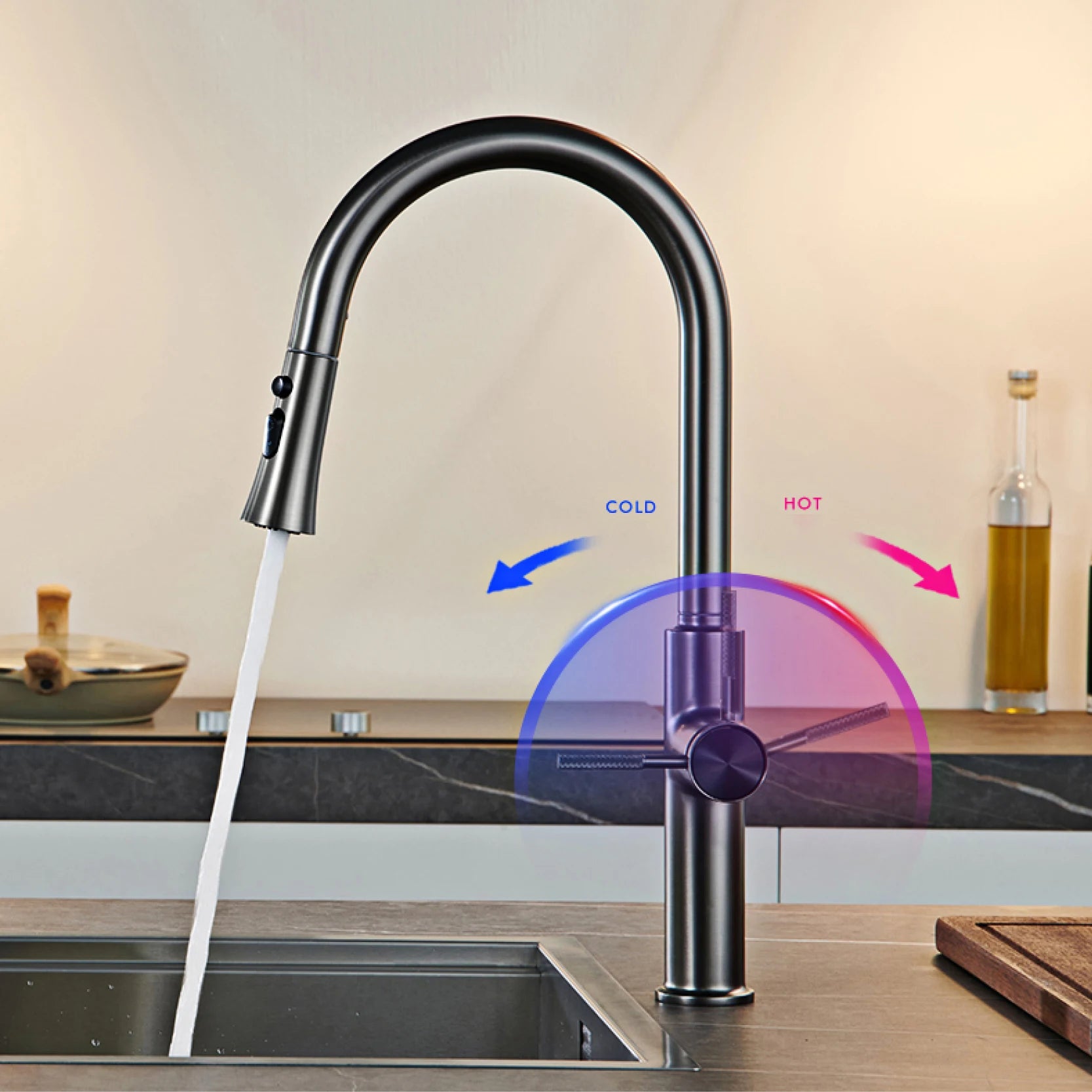AITANA Pull out Design Gun Grey Kitchen Faucet Simple Single Handle Hot and Cold Water 3-Function Modern Sink Faucet