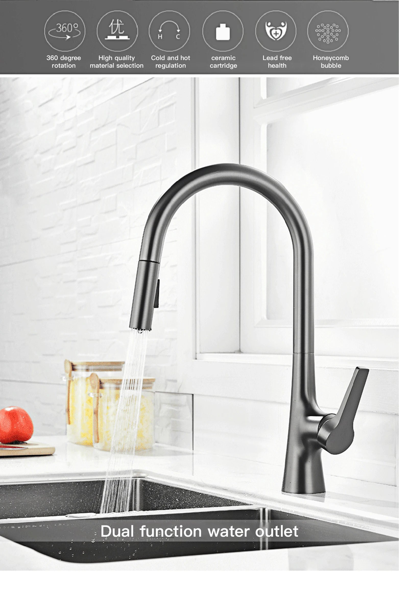 AITANA modern brushed gold kitchen faucet with single handle and single hole ceramic valve core hot&cold water pull-out sink Tap