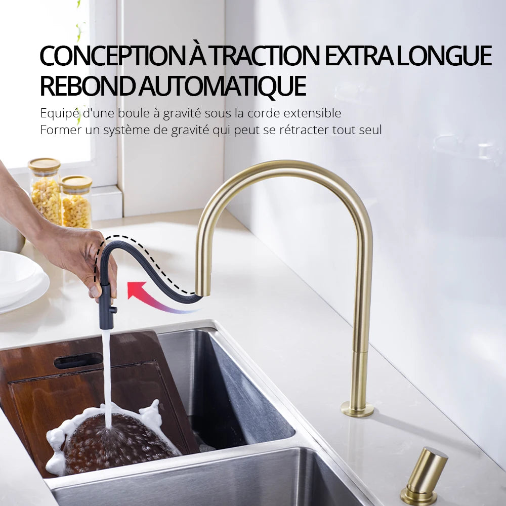 Brushed Gold Kitchen Faucet Invisible Pull Out Spray Mixer Double Hole Single Handle Solid Brass Hot and Cold Separate Sink Tap