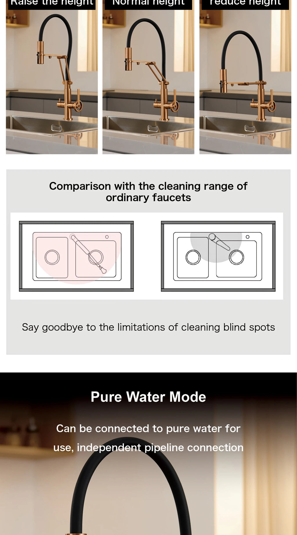 Industrial brass brushed rose gold kitchen faucet with separated filter faucet. 1 hole pull-out hot&cold water tank mixr Tap