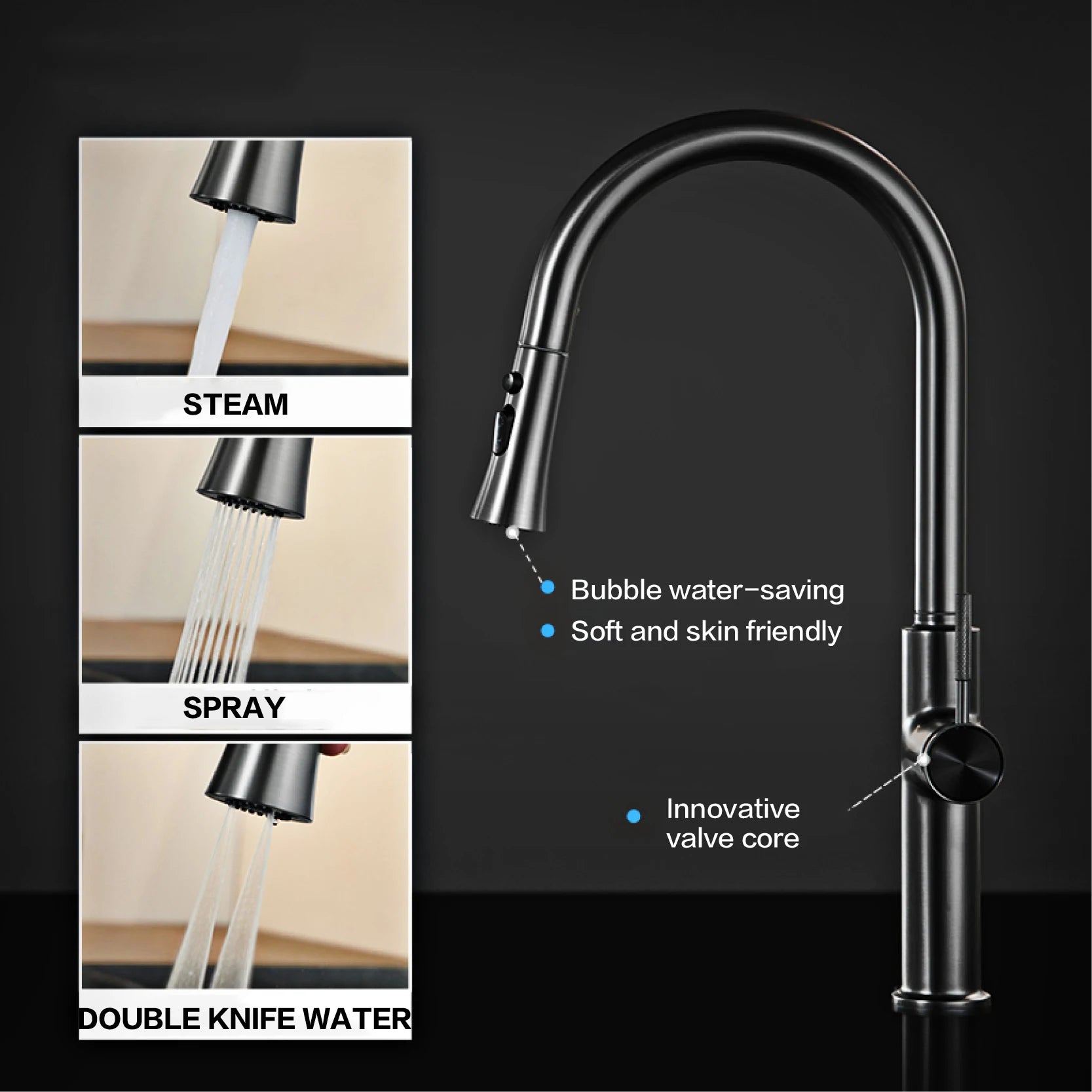AITANA Pull out Design Gun Grey Kitchen Faucet Simple Single Handle Hot and Cold Water 3-Function Modern Sink Faucet
