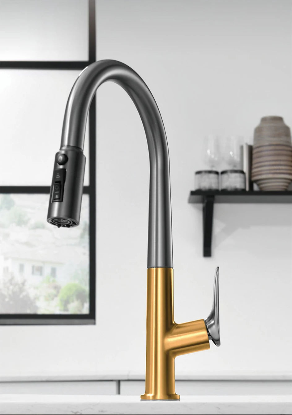 VGX Filter Water Kitchen Faucet Dual Spout Pure Drinking Water Tap Pull Out Kitchen Sink Mixer Faucet Gourmet Brass Crane Gold