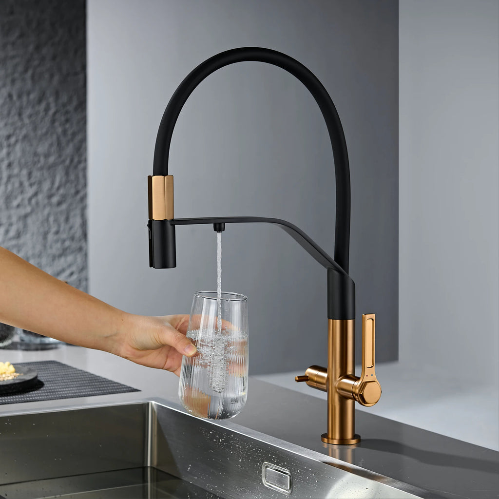 Modern Gun-Grey Stainless Steel 3-in-1 Kitchen Faucet with Filtered Water 1 Hole Double-Handle Mixer for Cold&Hot Water Sink Tap
