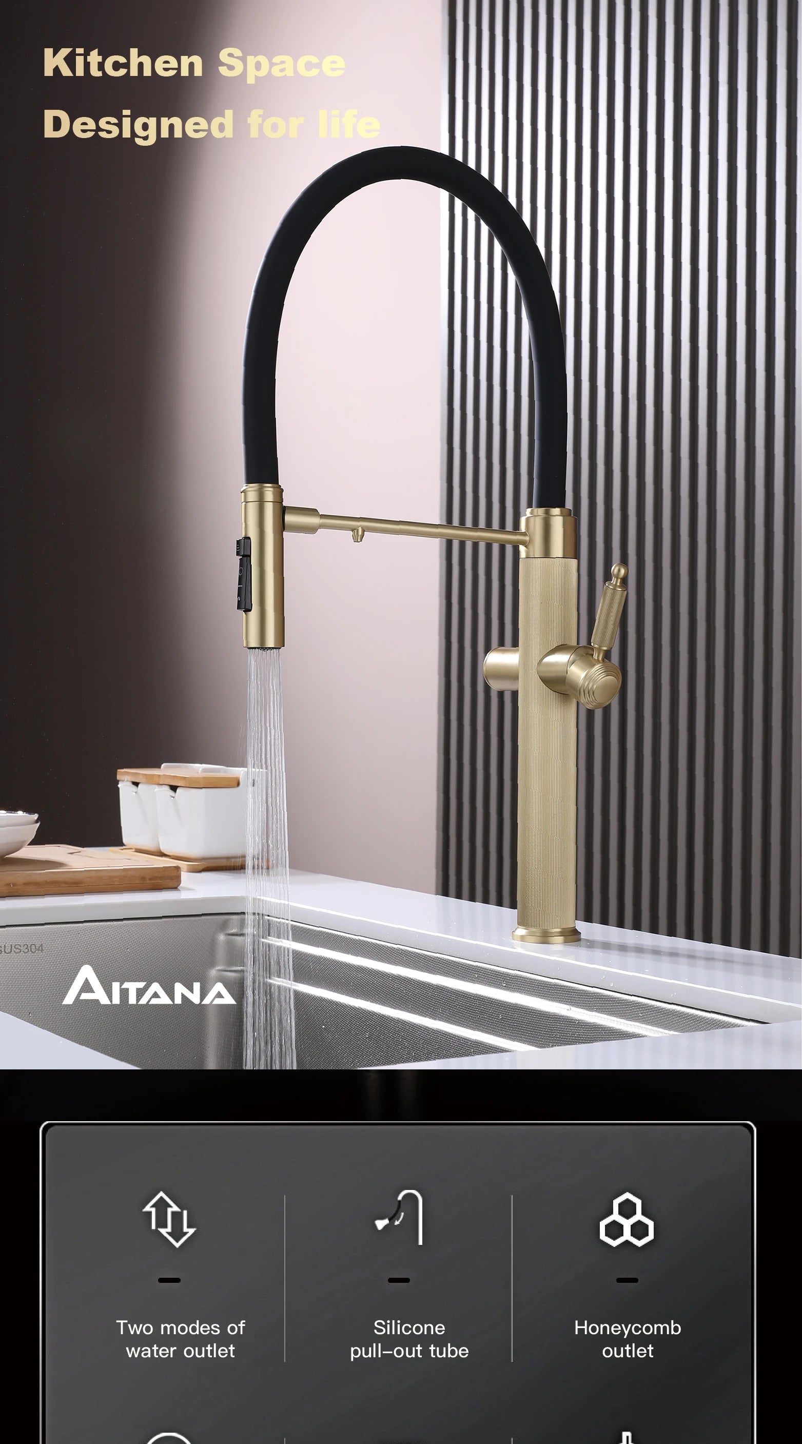 Brushed gold copper pull-out kitchen faucet with single hole hot and cold water 2 functions and drinking water mode sink Mixer