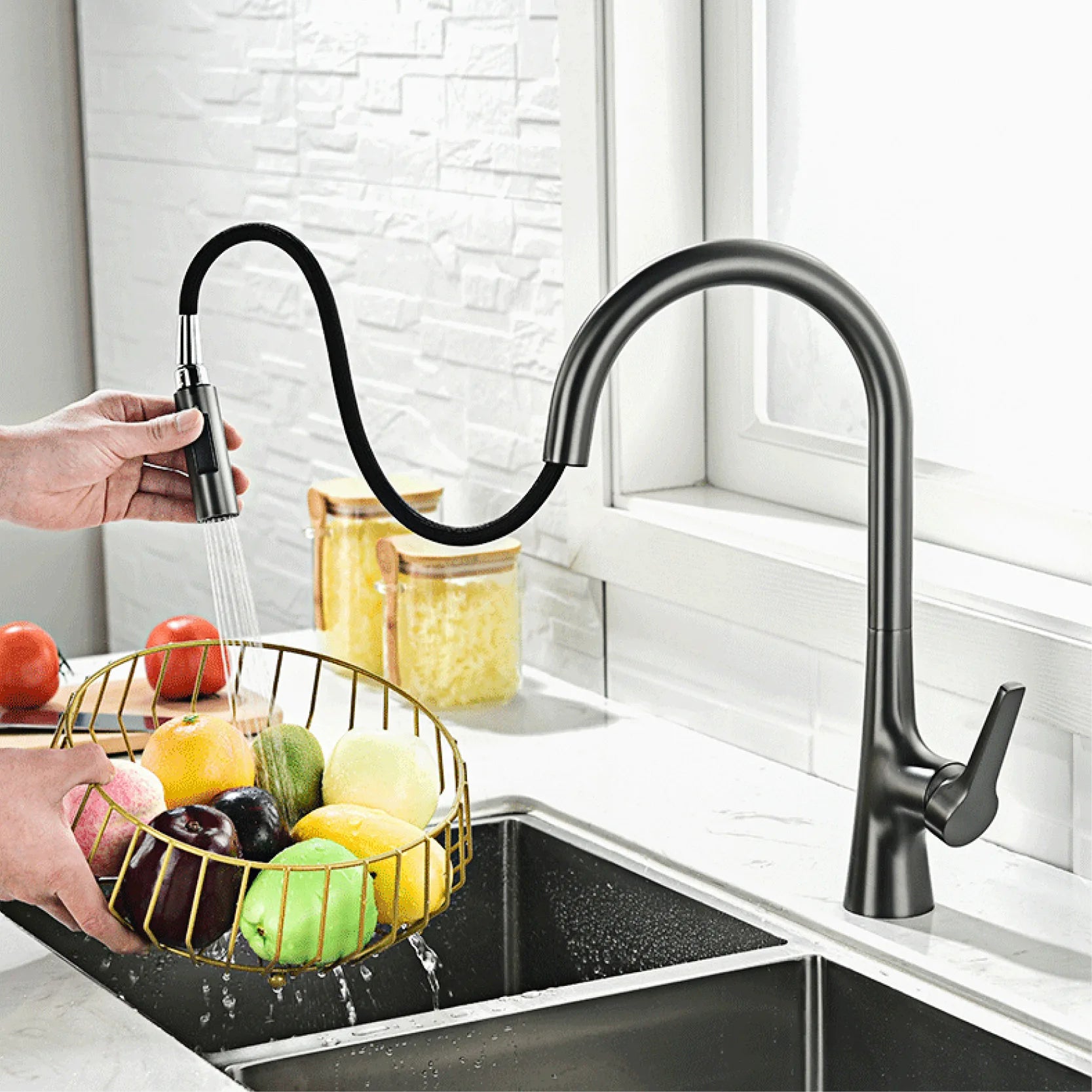 AITANA modern brushed gold kitchen faucet with single handle and single hole ceramic valve core hot&cold water pull-out sink Tap