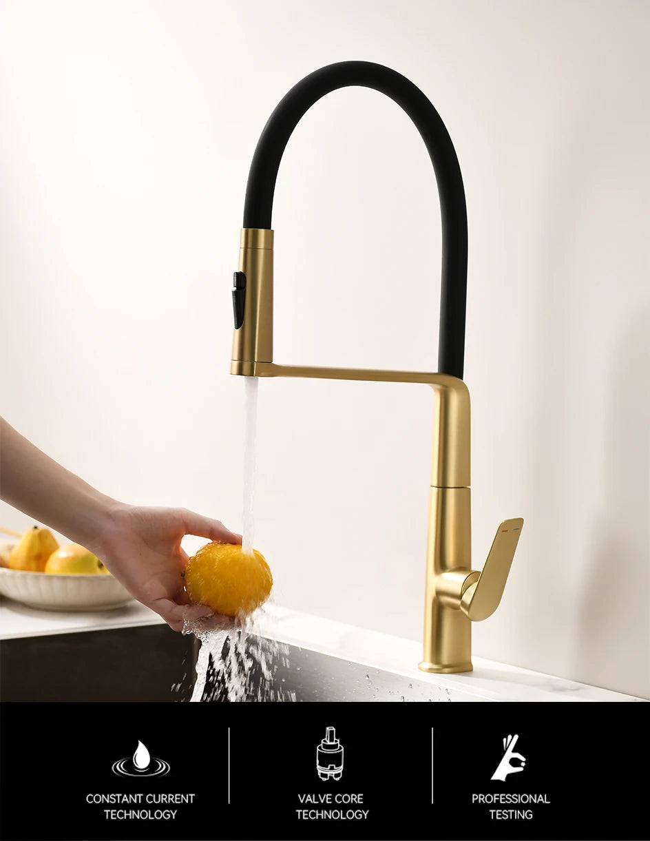 VGX Brushed Kitchen Faucet Sink Faucet Rubber Pull Down Stream Sprayer Tap Rotatable Kitchen Mixer Water Tap Hot Cold Crane Gold