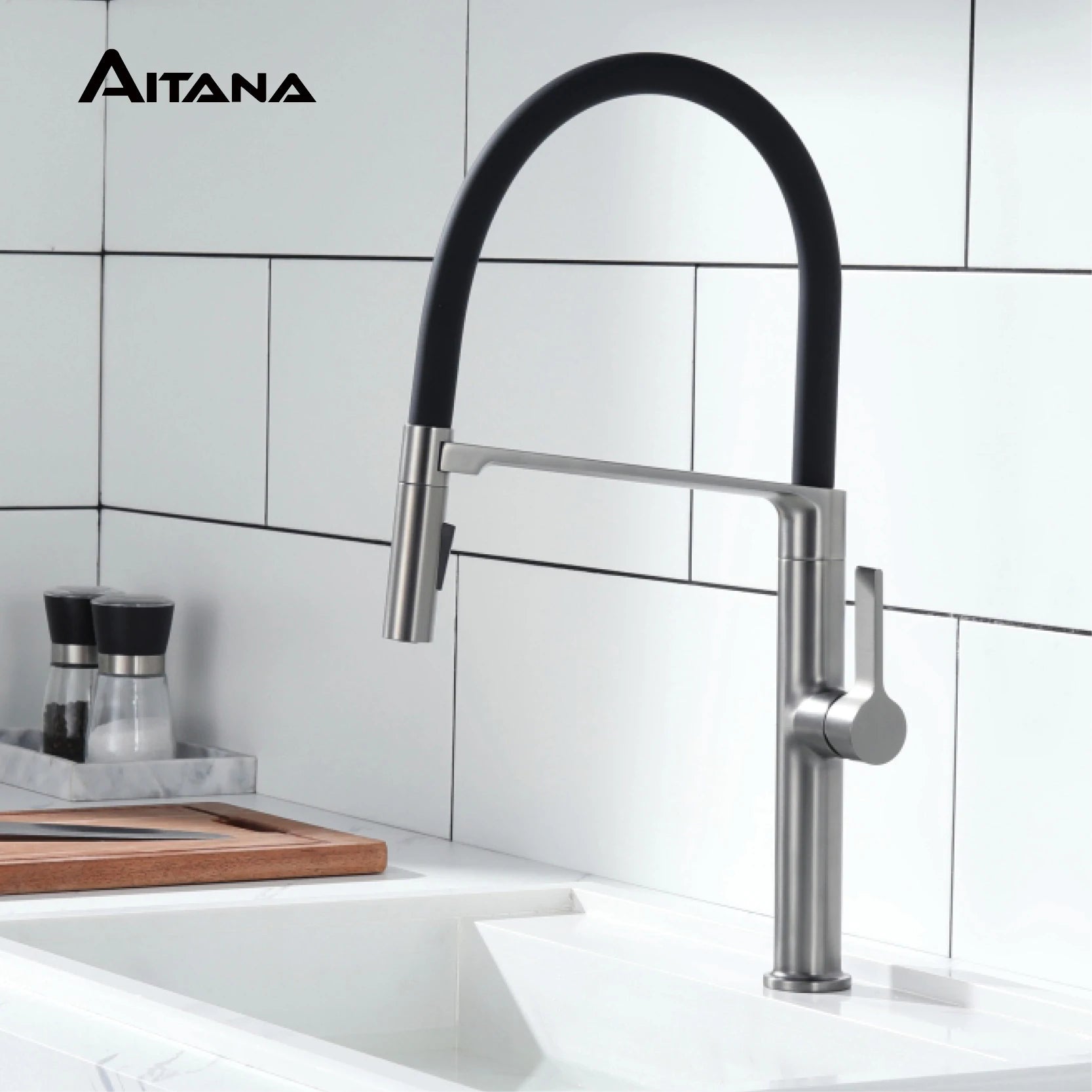 AITANA Luxury Gun Grey Brass Kitchen Faucet Simple Design Single Handle 2-Function Hot and Cold Water Pullout Sink Mixer