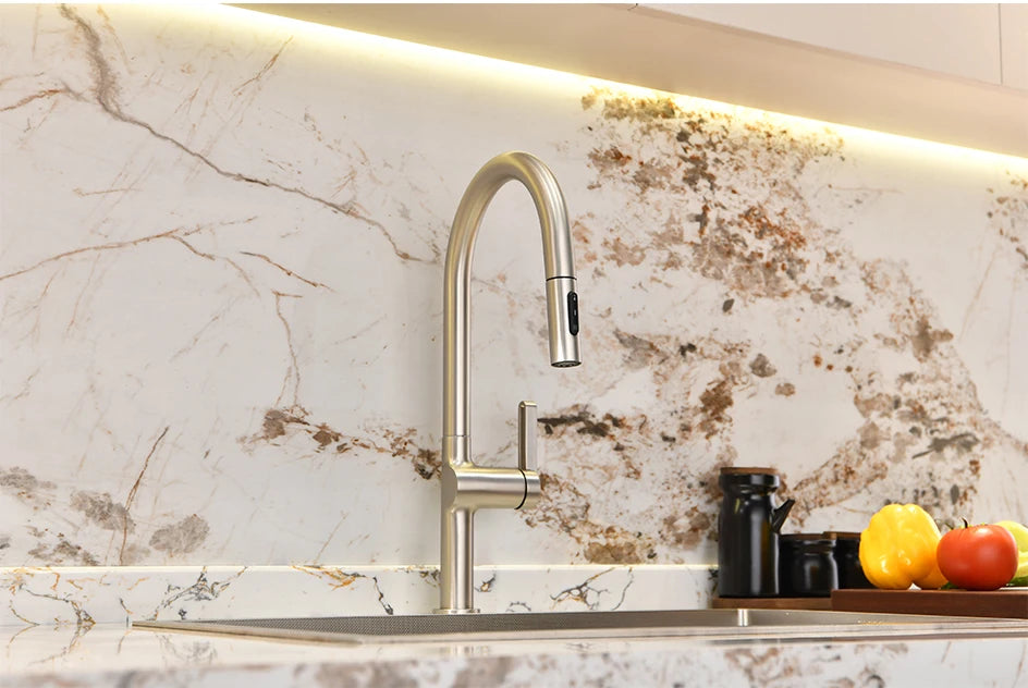 VGX Luxury Brushed Kitchen Faucet Deck Mounted Tap Pull Out Kitchen Sink Mixer Single Handle Kitchen Gourmet Faucet Water Crane