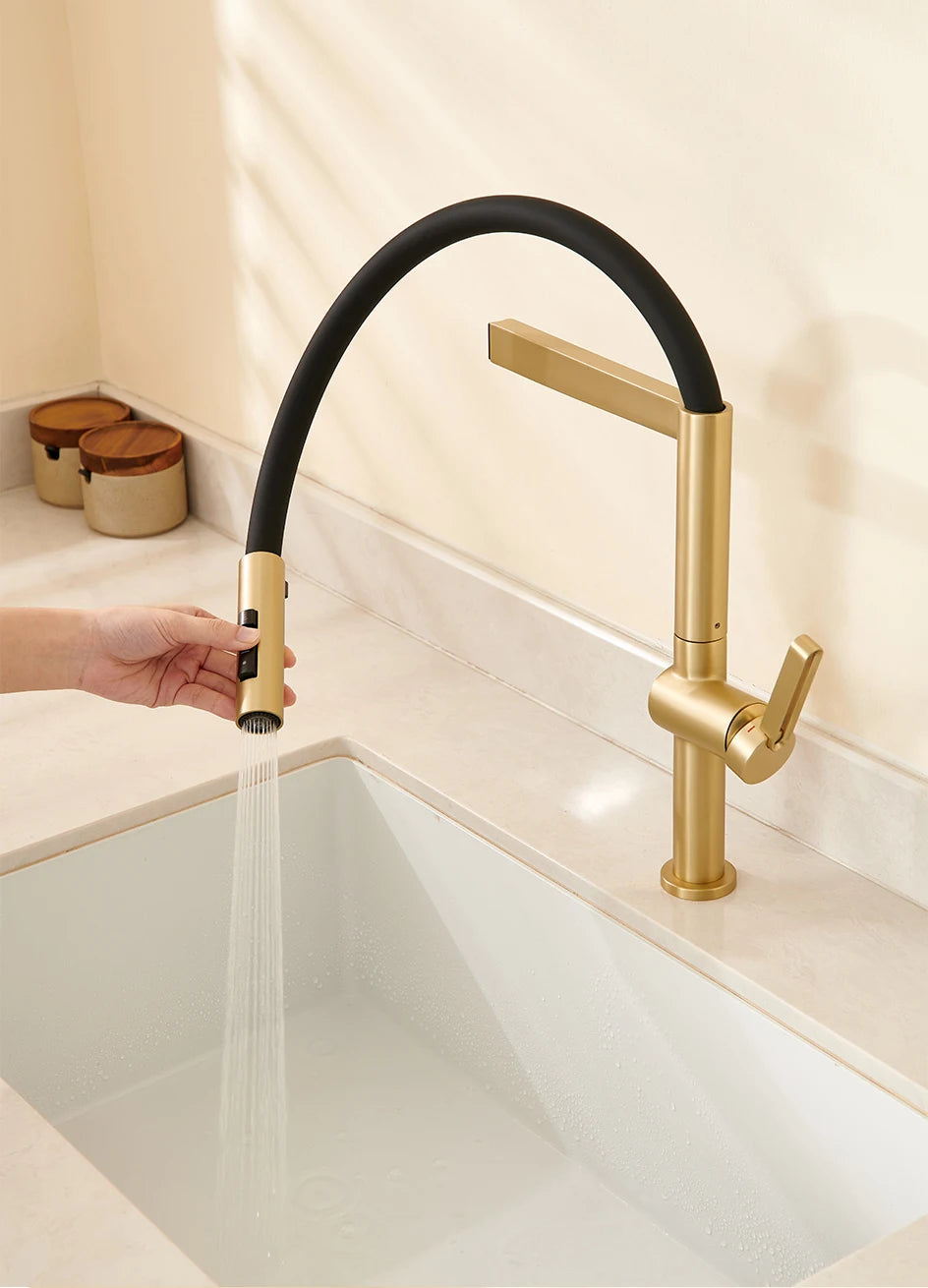 VGX Kitchen Faucet Sink Faucets Rubber Pull Down Stream Sprayer Taps Rotatable Kitchen Mixer Water Tap Hot Cold Crane Brass Gold