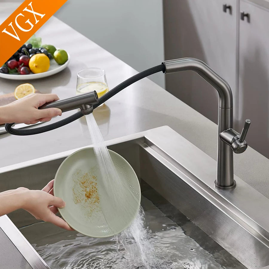 VGX Gold Kitchen Faucet Dual Spout Pure Drinking Water Tap Pull Out Kitchen Sink Mixer Stainless Steel Kitchen Gourmet Crane